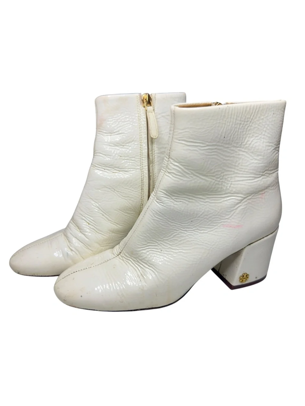 Tory Burch White Patent Leather Ankle Boots Women 5.5 M Block Heel Zip Brazil